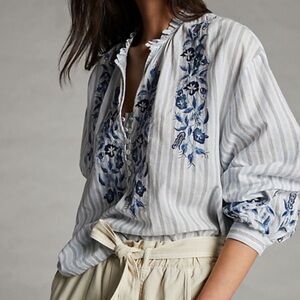 Pilcro Anthropologie Blue and White Striped Embroidered Women's Top